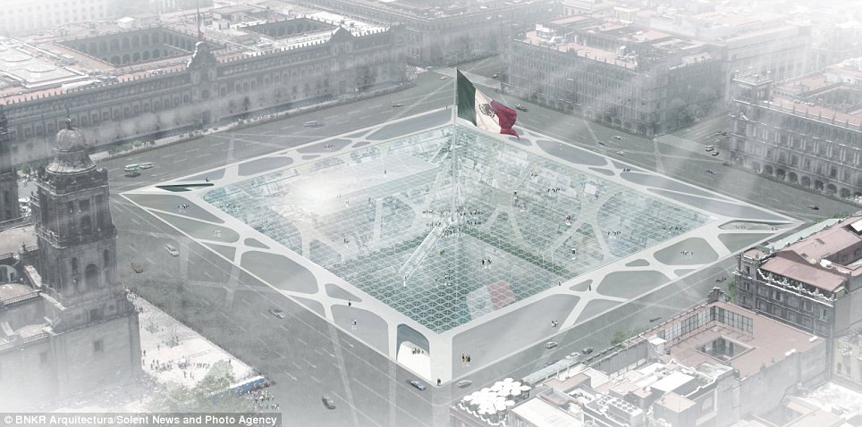 Landmark: The earth-scraper would be located in the city's main square, and topped with an enormous Mexican flag